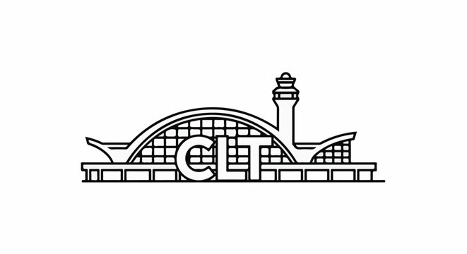 Stylized airport terminal building with control tower and letters CLT