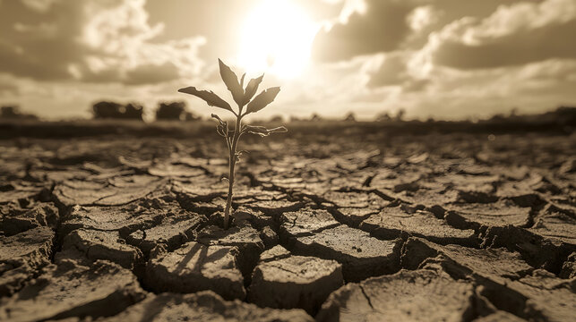 Drought Cracked Earth A low angle close-up of severely cracked dry mud with a single dead plant silhouette against a harsh white hot sun white background