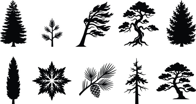 Set von verschiedenen Baum-Silhouetten, einschlie&szlig;lich Tannen, Kiefern und Bonsai-B&auml;umen.
