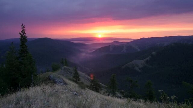 Southern Urals, Southern Kraka ridge in summer: sunrise in the mountains.
