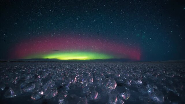 オーロラ輝く北極の氷原タイムラプス・幻想的な夜景空撮映像