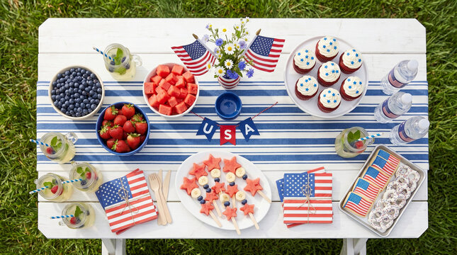 Top view of a fourth of july picnic table with patriotic snacks and decorations