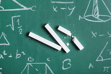Fototapeta premium Different drawn geometric figures and math formulas with white chalks on green chalkboard