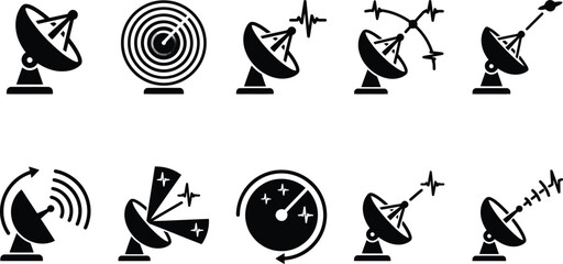 Eine Sammlung von zehn schwarzen Vektor-Symbolen, die Radar, Satellitenschüsseln und Signalübertragung darstellen. © Insa Batool