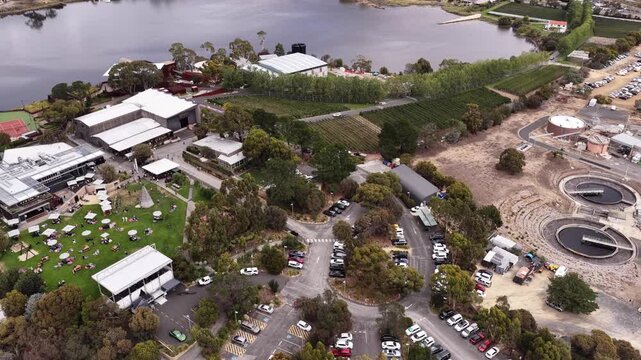 Playground and winery infrastructure at Mona Moorilla estate in Hobart, Tasmania.