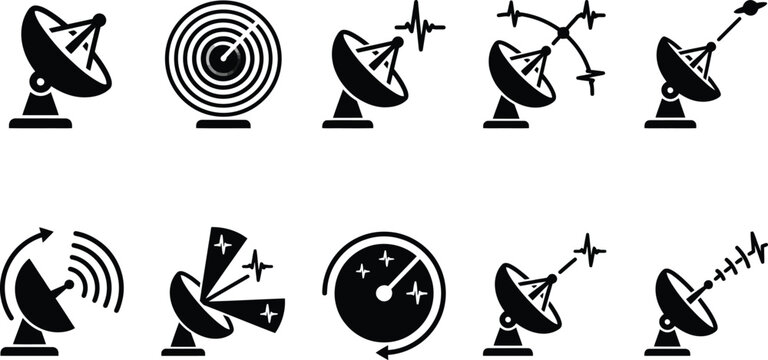 Eine Sammlung von zehn schwarzen Vektor-Symbolen, die Radar, Satellitensch&uuml;sseln und Signal&uuml;bertragung darstellen.