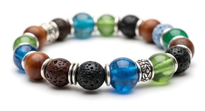 A colorful bracelet with various beads and a blue glass bead is isolated on a white background.