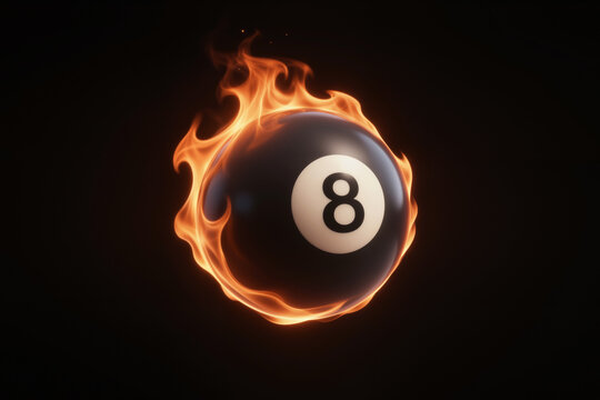 Black 8 Ball on Fire with Flames Against Dark Background