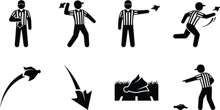 Piktogramm-Set eines American-Football-Schiedsrichters mit verschiedenen Aktionen und Posen beim Werfen einer Strafflagge.