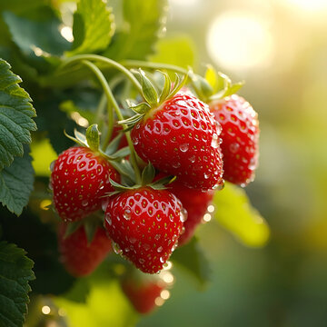Fresh Ripe Strawberries on the Vine with Morning Dew &ndash; Nature & Agriculture Photography

