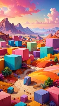 Vibrant desert cityscape with colorful blocks
