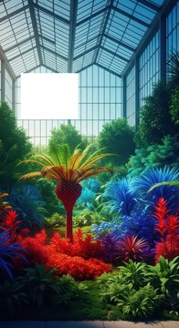 The expansive interior of a modern industrial greenhouse filled with lush, vibrant foliage and exotic plants under high glass ceilings, humidity, organic, nature