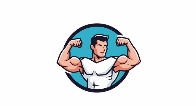 Muscular man flexing arms inside a circular frame, cartoonish style