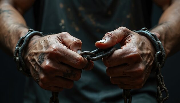 Man tries to break heavy metal chains on his dirty wrists. Close-up on hands showing struggle for freedom against oppression and hardship. Symbol of captivity, suffering, and resilience.