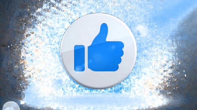 Social media like button icon spinning over dynamic digital glitch background motion loop.