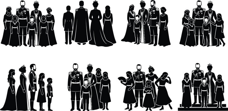 Set von acht Silhouetten, die k&ouml;nigliche und aristokratische Familien in formeller Kleidung darstellen.