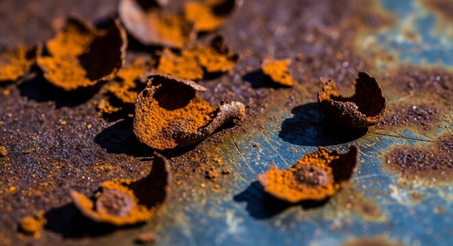 Close-up of Rusted Metal Surface with Peeling Paint and Debris.