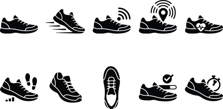 Set von schwarzen Glyphen-Symbolen f&uuml;r intelligente Laufschuhe und Fitness-Tracking-Funktionen.