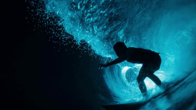 サーファー目線POV 生物発光の波の筒の中を駆け抜ける夜のサーフィン