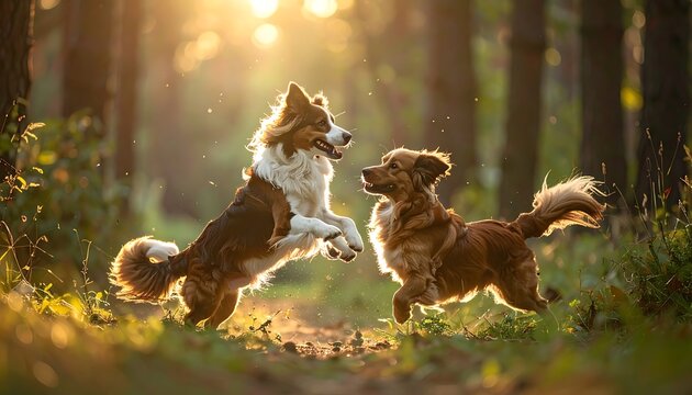 Dogs frolic in woods