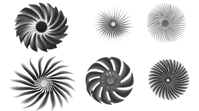 Six monochrome radial designs featuring various patterns of blades and lines on white