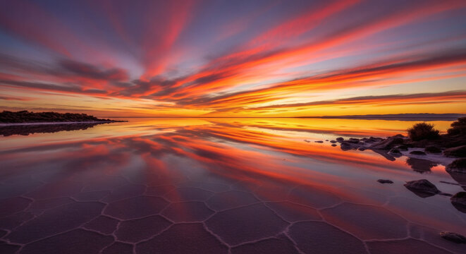 Vibrant sunset paints the sky with fiery hues, reflecting dramatically on the unique polygonal patterns of the tranquil salt flats at dusk