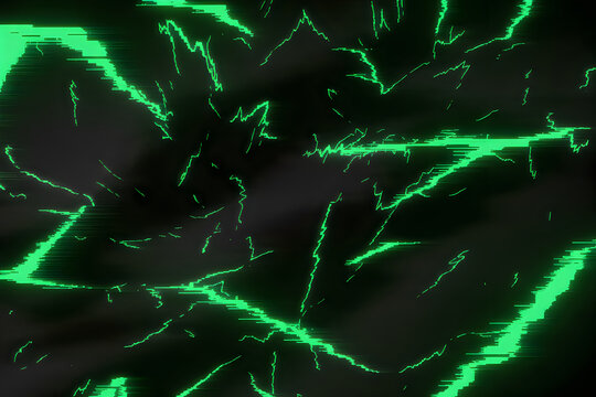 Neon green jagged glitch lines on a dark black background