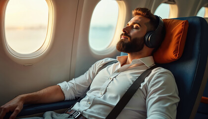 Naklejka premium Man sleeping on airplane with headphones on. He rests near window during flight. Passenger enjoys comfortable journey with music, wearing seatbelt for safety.