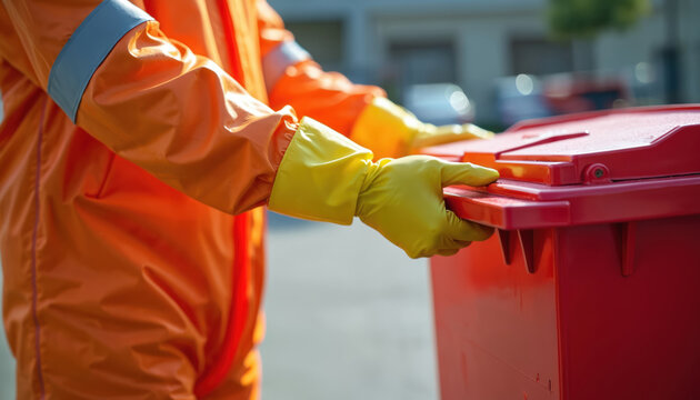 Person in orange protective suit and yellow gloves closes red waste bin lid outdoors. Focus on health and safety protocols for infectious material disposal.