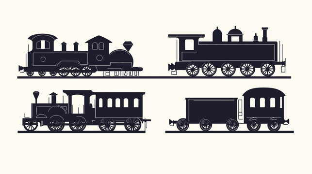 Silhouettes of vintage steam trains and carriages on a cream background, black designs, flat illustration