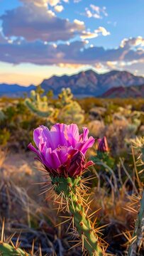 Vibrant desert landscape with pink flower on a cactus