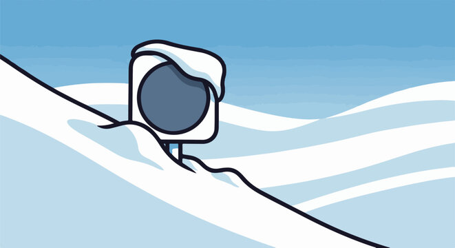 A stylized snowy landscape with a ski lift partially buried in snow