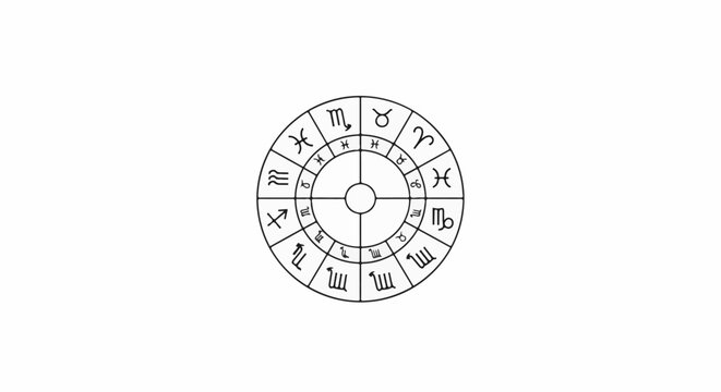 Circular astrological chart displaying zodiac symbols in a segmented design