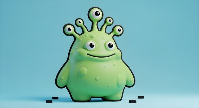 An adorable 3D green monster with five eyes on antennae and a big smile. Standing against a blue background, this character is very unique and cheerful.