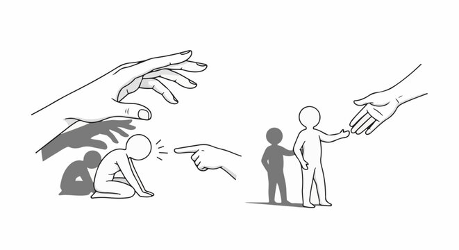 A visual contrast one figure is shamed, the other is helped