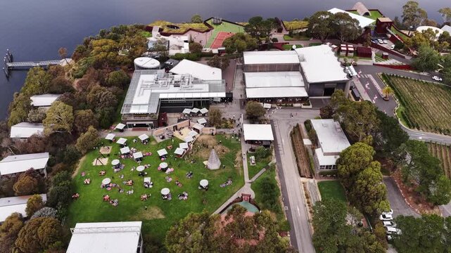 Over top of Mona modern architecture in Hobart at Moorilla estate on Derwent river.