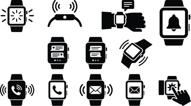 Detaillierte Icons von Smartwatches mit verschiedenen Funktionen wie Benachrichtigungen, Anrufen und Nachrichten auf wei&szlig;em Hintergrund.