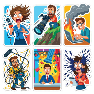 Collection Of 6 Exaggerated Cartoon Stickers Flat Vector Art Highlighting World Press Freedom Day Showcasing Broken Equipment Failure Moments Colorful Clean Blank White Backgrounds
