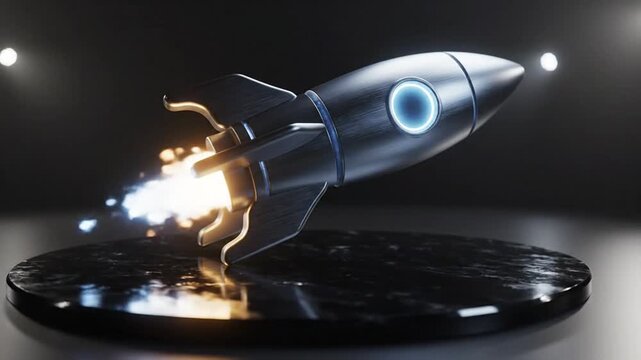 A sleek silver rocket ship blasts off into the dark night sky with a burst of flames and light