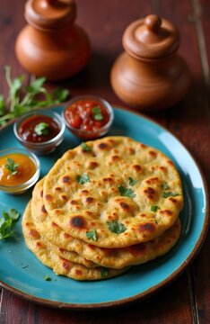 Stack of stuffed flatbreads with herbs served with dips. Indian mooli paratha with coriander chutney and mango sauce on blue plate. Tasty wheat flatbread with spice filling.