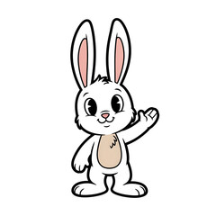 Obraz premium Cute white rabbit cartoon character waving, friendly bunny mascot illustration, cheerful animal standing on white background for kids design