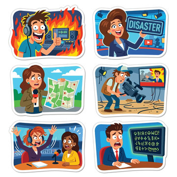 Collection Of 6 Exaggerated Cartoon Stickers Flat Vector Art Highlighting World Press Freedom Day Showcasing Misinterpreted Signal And Bad Audio Colorful Clean Blank White Backgrounds