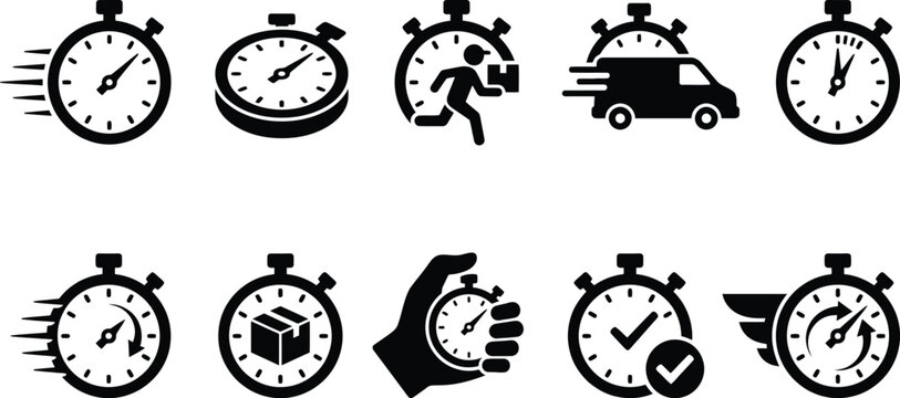 Sammlung von Stoppuhr-Symbolen f&uuml;r schnelle Lieferung und Zeitmanagement.