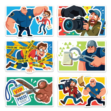 Collection Of 6 Exaggerated Cartoon Stickers Flat Vector Art Highlighting World Press Freedom Day Showcasing Overzealous Security Guard Clashes Colorful Clean Blank White Backgrounds