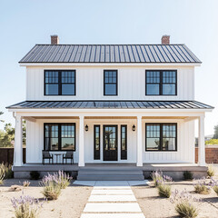 Fototapeta premium Modern White Farmhouse with Black Metal Roof and Wrap-Around Porch – Contemporary Home Exterior Design. 