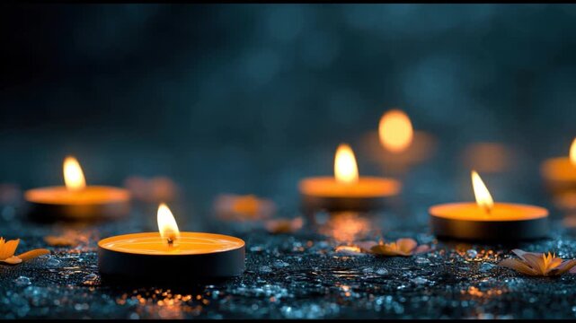 Illuminated Tranquility: Lit candles casting a warm, inviting glow against a dark, textured backdrop, evoking a sense of calm and spiritual contemplation.