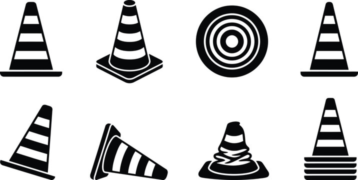 Eine Sammlung von schwarz-wei&szlig;en Piktogrammen und Silhouetten von Verkehrskegeln in verschiedenen Formen und Positionen, inklusive eines Zielsymbols.