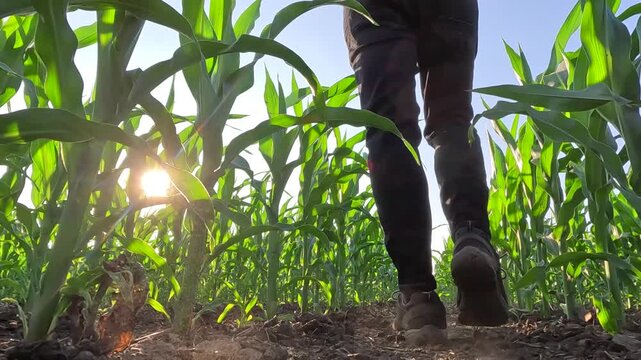 Agronomist farmer walking in corn field at sunset, low angle view. Farm worker in maize plantation controlling and analyzing corn crop in agricultural field, slow motion