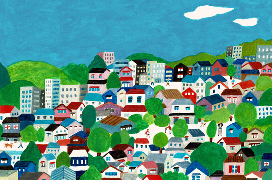 カラフルな町並みと人々の暮らし 俯瞰の街風景イラスト