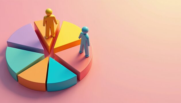 Colorful pie chart divided into sections. Two stylized people stand on different slices. Concept represents business, finance, profit sharing and data analysis. Use for presentation.
